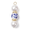 Handmade Blue Flower Printed Porcelain & Shell Pearl Pendants PALLOY-JF04785-1