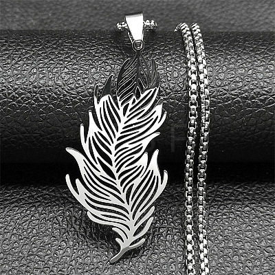 201 Stainless Steel Feather Pendant Necklaces NJEW-K283-12P-1