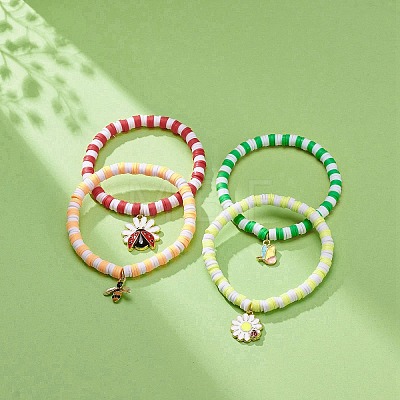 4Pcs 4 Styles Insect Theme Alloy Enamel Stretch Charm Bracelets BJEW-JB08763-1