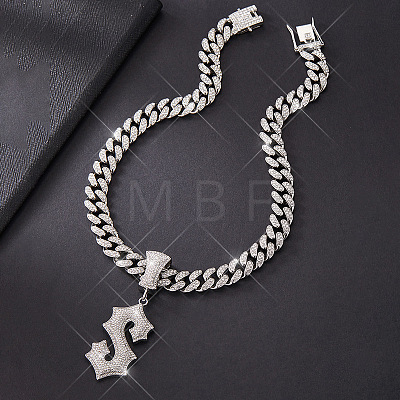 Alloy Full Crystal Rhinestone Letter Pendant Cuban Link Chain Necklaces for Men FS-WGEAD7F-05-1