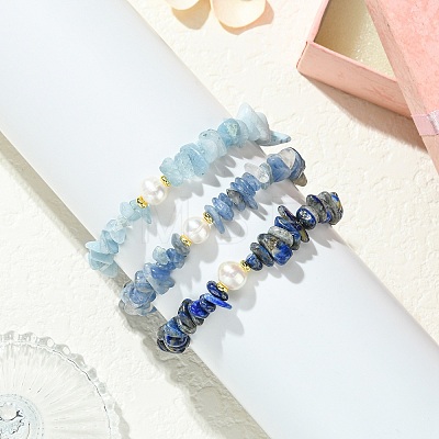 3Pcs 3 Styles Natural Mixed Gemstone Chip & Cultured Freshwater Pearl Beaded Stretch Bracelets Set for Women BJEW-JB13762-08-1