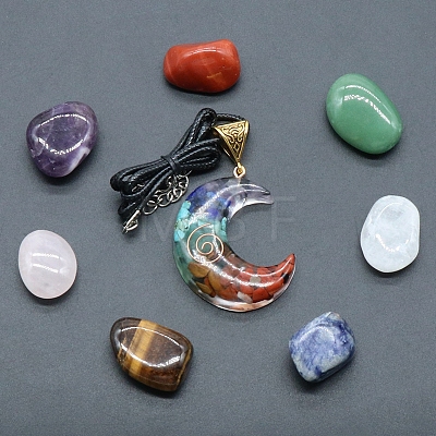 7 Chakra Tumbled Stone & Moon Pendant Necklace Mixed Natural Gemstone Healing Stones Set X1-PW-WG21137-02-1