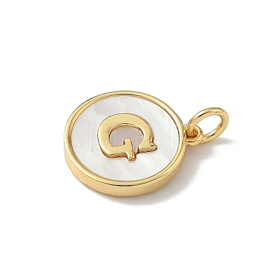 Brass Pave Natural Shell Flat Round with Letter Charms KK-Z115-13G-G-1
