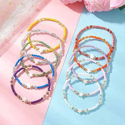 10Pcs Glass Seed Beads & Glass & Natural Trochid Shell Beaded Stretch Bracelets for Women BJEW-MZ00272-1