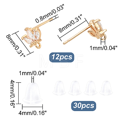 12Pcs Brass Micro Pave Clear Cubic Zirconia Stud Earring Findings KK-DC0001-28-1