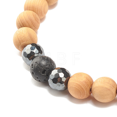 Natural Wood & Lava Rock & Synthetic Hematite Round Beaded Stretch Bracelet with Yoga Symbol Charm BJEW-JB07807-1