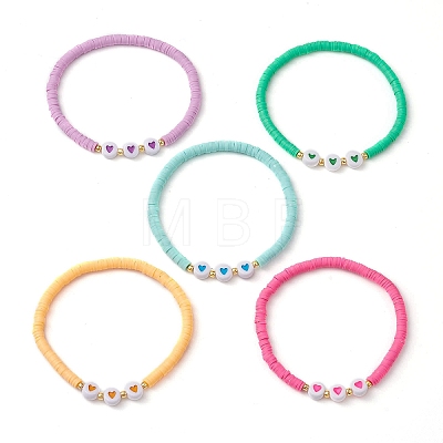 Heart Polymer Clay & Acrylic Beaded Stretch Bracelets BJEW-JB10683-1