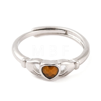 Hand with Heart Natural Tiger Eye Agate Adjustable Rings RJEW-Q817-06P-04-1