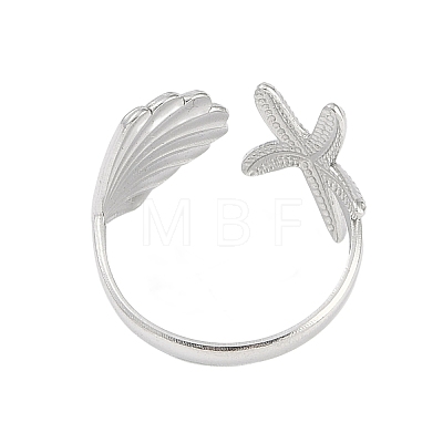 304 Stainless Steel Starfish & Shell Open Cuff Rings for Women LS-RJEW-C095-09P-1