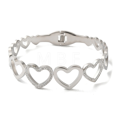 Titanium Steel Crystal Rhinestone Hollow Heart Hinged Bangles for Women BJEW-G719-19P-1