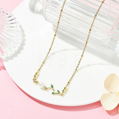 Shell Pearl Branch Pendant 304 Stainless Steel Cable Chain Necklaces for Women NJEW-JN06153-1
