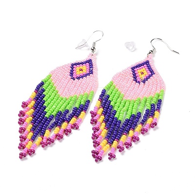 Glass Seed Braided Rhombus with Tassel Chandelier Earrings LS-EJEW-H084-04P-1