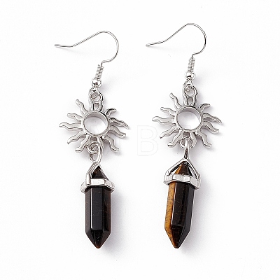 Natural Tiger Eye Bullet with Sun Dangle Earrings EJEW-I276-01P-08-1