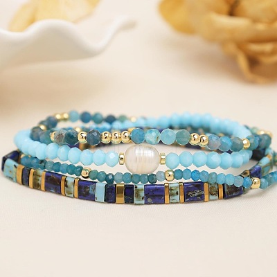 4Pcs 4 Styles Gemstone & Glass & Seed Beads & Brass Beads Stretch Bracelets LN0017-1-1