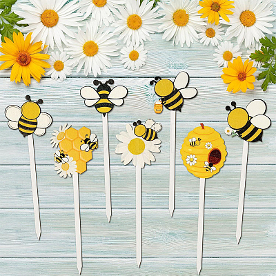 14Pcs 7 Styles Wooden Bees Decorative Pick for Home Vase Filler AJEW-CY0002-68-1