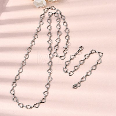 304 Stainless Steel Heart Link Chain Bracelet & Necklace Jewelry Sets SJEW-L199-13P-1