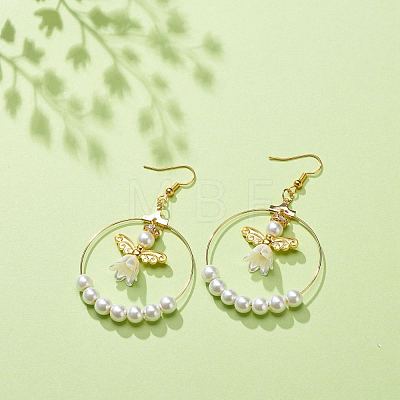 Glass & Plastic Imitation Pearl Beaded Big Ring with Fairy Dangle Earrings EJEW-JE05043-1