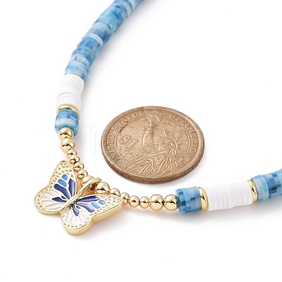 Brass Butterfly Pendant Necklace with Polymer Clay Heishi Beaded Chainsi for Women NJEW-JN04166-1