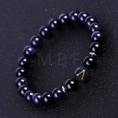 Sagittarius Round Synthetic Blue Goldstone & Natural Black Onyx(Dyed & Heated) Stretch Bracelets for Women Men EA3132-10-1