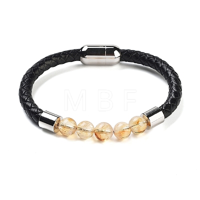 Natural Citrine Round Bead Braided Leather Cord Bracelets for Men Women BJEW-A009-11P-02-1