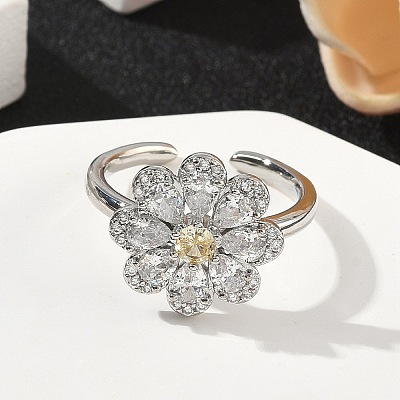 Flower Brass Micro Pave Cubic Zirconia Cuff Rings for Women RJEW-A069-01B-P-1