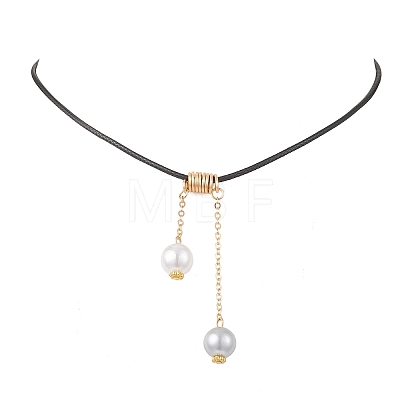 ABS Plastic Imitation Pearl Round Tassel Pendant Black Waxed Polyester Cord Necklaces for Women NJEW-JN05610-02-1