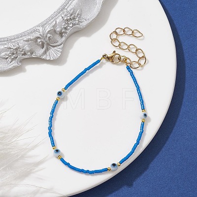 Evil Eye Lampwork & Glass Seed Beaded Bracelet with Real 18K Gold Plated 304 Stainless Steel Clasps BJEW-JB09998-01-1