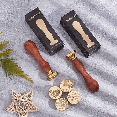 Brass Wax Seal Stamp with Rosewood Handle AJEW-WH0412-0369-1