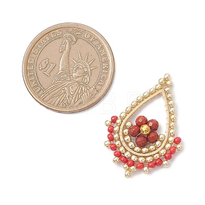 Faceted Round Natural Red Jasper & Glass Seed Beaded Pendants PALLOY-MZ01097-03-1