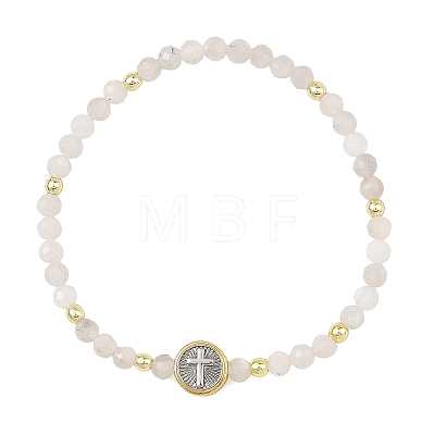 Religion Natural Moonstone Beaded Stretch Bracelets with Brass Flat Round with Cross Beads BJEW-JB14360-02-1