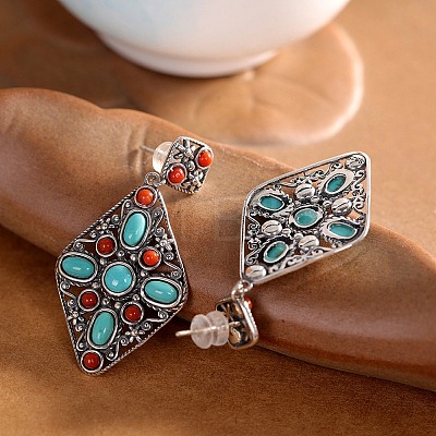 Synthetic Turquoise Dangle Stud Earrings EJEW-C178-06B-1