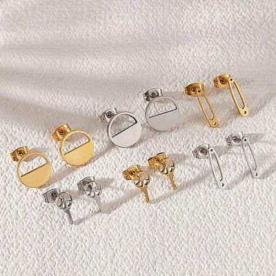 6Pairs 6 Style Half Round & Safety Pin & Key 304 Stainless Steel Stud Earrings for Women EJEW-SZ0001-64-1