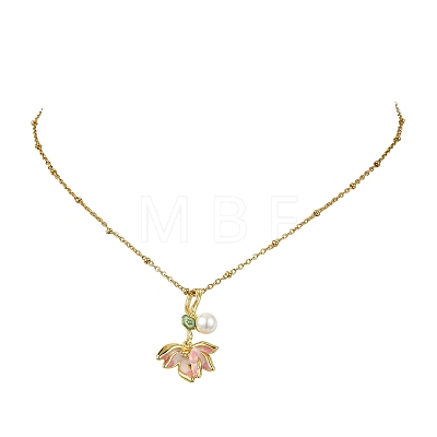Brass Enamel & Shell Pearl Pink Lotus Flower Pendant 304 Stainless Steel Satellite Chain Necklaces for Women NJEW-JN06112-1