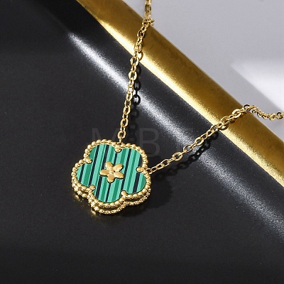 304 Stainless Steel Green Enamel 5-Petal Flower Pendant Necklaces for Women NJEW-U032-17G-01-1