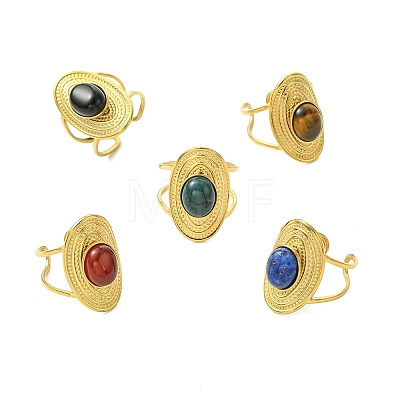 Natural Carnelian/Black Agate/Tiger Eye/Lapis Lazuli/Moss Agate Cuff Open Rings RJEW-JR01079-01-1