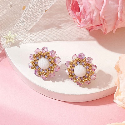 Flower Glass Seed Beaded with Natural Mashan Jade Stud Earrings for Women EJEW-MZ00208-03-1