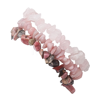 3Pcs Natural Rose Quartz & Natural Rhodonite & Natural Pink Opal Chip Beaded Stretch Bracelet Sets BJEW-JB10858-1