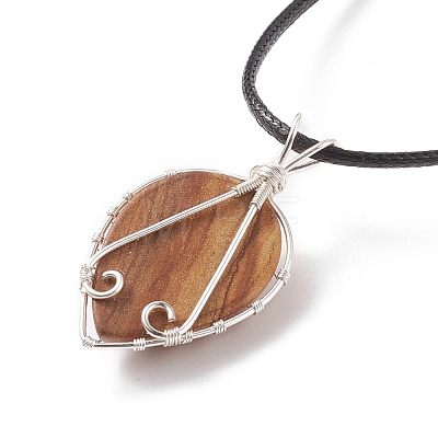 Natural Picture Jasper Leaf Cage Pendant Necklace with Waxed Cords NJEW-TA00035-04-1