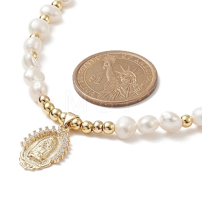Brass Virgin Mary Pendant Necklace with Natural Pearl Beaded Chains for Women NJEW-JN04144-01-1