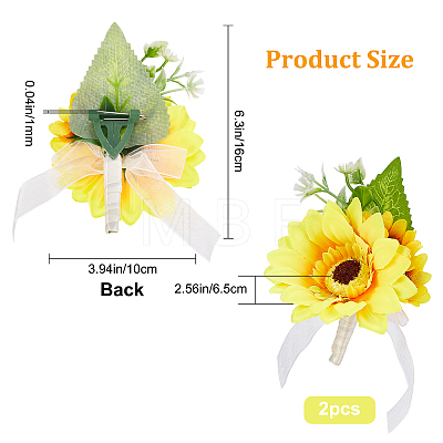 2Pcs Artificial Silk Sunflower Boutonniere Brooch JEWB-CP0001-01-1