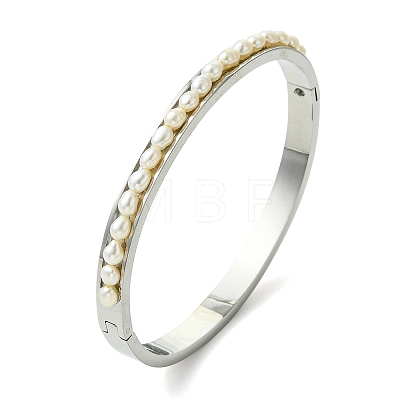 Natural Cultured Freshwater Pearl Beads and 201 Stainless Steel Hinged Cuff Bangles BJEW-JB14319-1