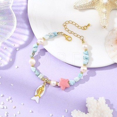 Summer Alloy Fishbone and Natural Shell Fish Charm Bracelets BJEW-JB14438-1