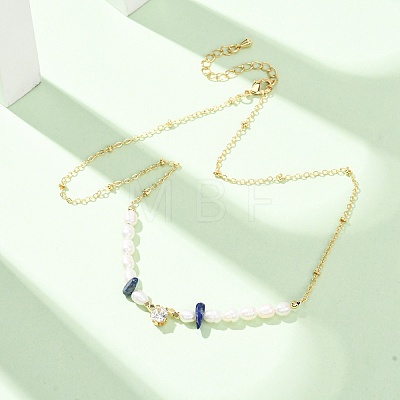 Natural Lapis Lazuli Chip and Rice Natural Pearl Beaded Necklaces GG-CBA3297-15G-C-1