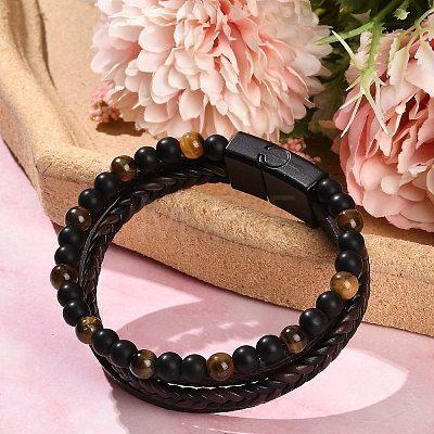 Natural Tiger Eye & Glass Round Beaded Bracelets BJEW-G732-01B-1