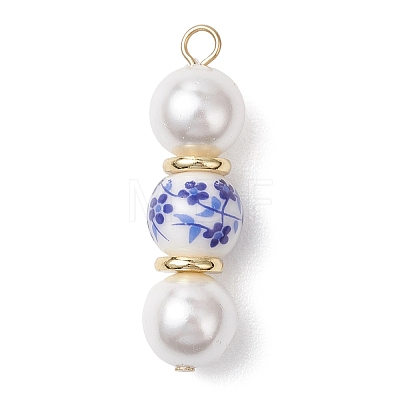 Handmade Blue Flower Printed Porcelain & Shell Pearl Pendants PALLOY-JF04785-1