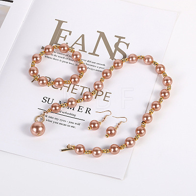 Plastic Imitation Pearl Round Beaded Pendant Necklaces & Dangle Earrings & Bracelets Sets for Women WG180C3-01-1