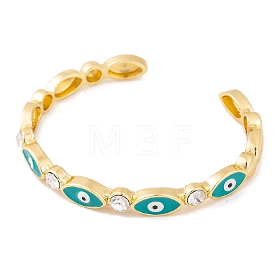 Horse Eye Brass Pave Clear Cubic Zirconia Evil Eye Open Cuff Bangles with Enamel for Women BJEW-S147-06G-01-1