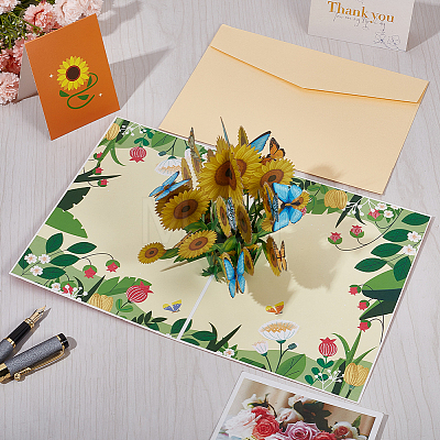 3D Sunflower Pop Up Paper Greeting Card AJEW-WH0038-32-1