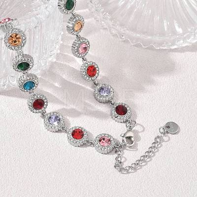 304 Stainless Steel Full Rhinestone Flat Round Link Chain Necklaces for Women SA-CBABBEA-02P-02-1