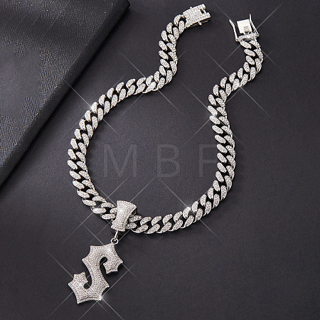 Alloy Full Crystal Rhinestone Letter Pendant Cuban Link Chain Necklaces for Men FS-WGEAD7F-05-1